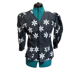 Phoebe Grace Large Maximalist Floral Print Puffed Sleeve Front Button Top A24
